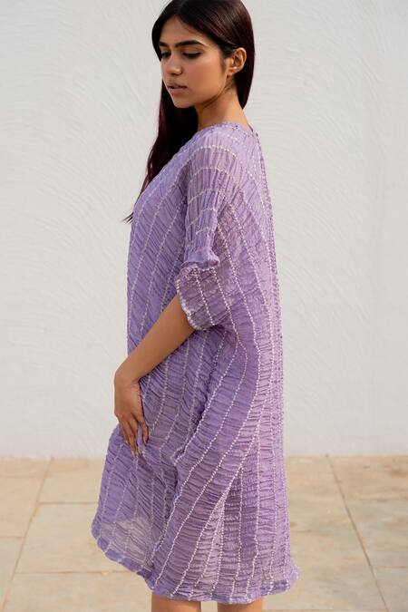 Buy_Silai Studio_Purple Chanderi V-neck Tie-dye Dress 