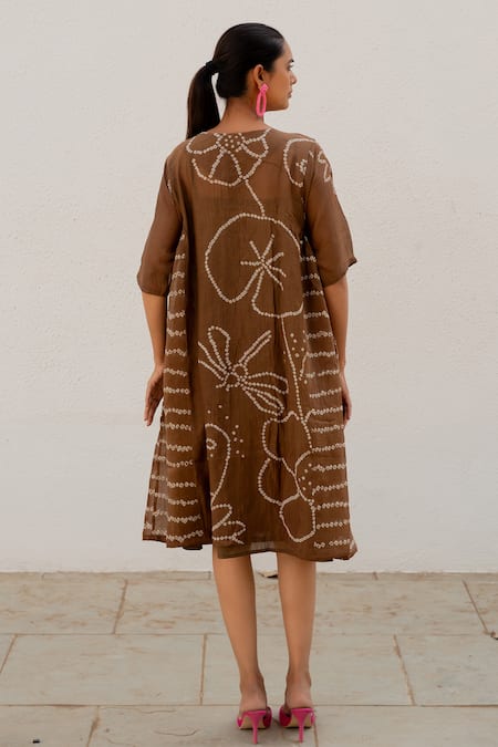 Shop_Silai Studio_Brown Chanderi Embroidery V-neck Floral Tie-dye Dress _at_Aza_Fashions