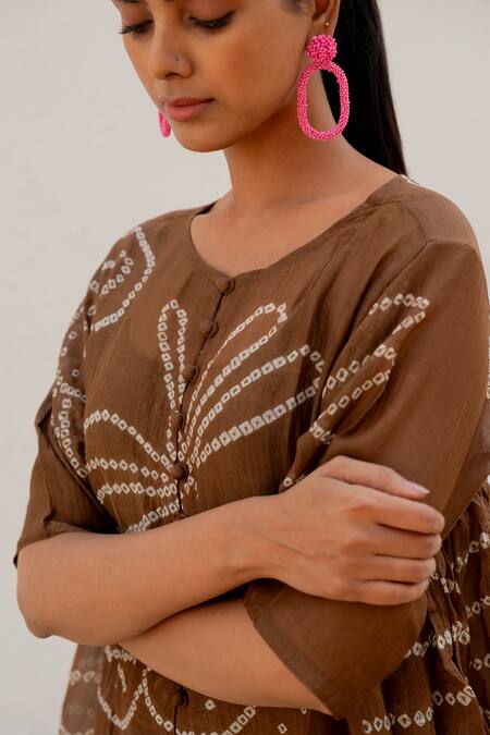 Shop_Silai Studio_Brown Chanderi Embroidery V-neck Floral Tie-dye Dress _Online_at_Aza_Fashions