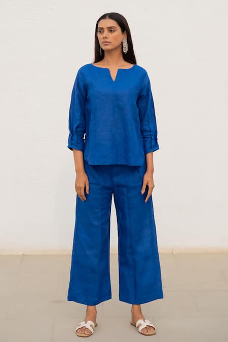 Shop_Silai Studio_Blue Linen Split V-neck Solid Top With Pant_at_Aza_Fashions
