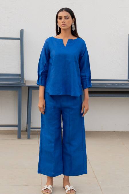 Silai Studio_Blue Linen Split V-neck Solid Top With Pant_Online_at_Aza_Fashions