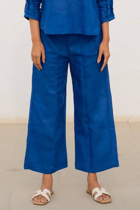 Shop_Silai Studio_Blue Linen Split V-neck Solid Top With Pant_Online_at_Aza_Fashions