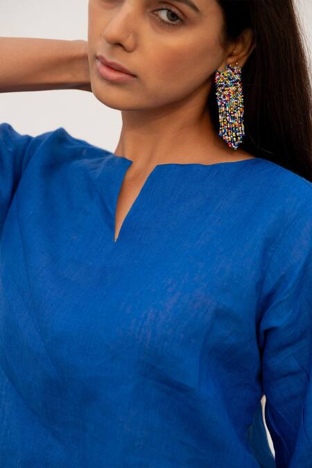 Shop_Silai Studio_Blue Linen Split V-neck Solid Top With Pant