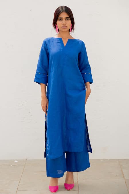 Buy_Silai Studio_Blue Linen Threadwork Notched Straight Kurta  _Online_at_Aza_Fashions