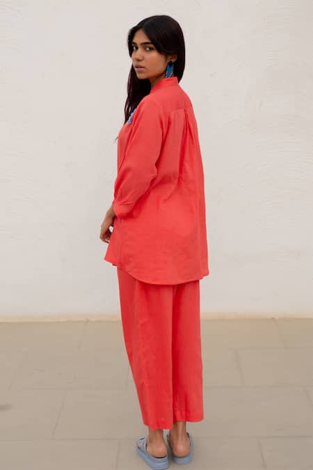 Shop Silai Studio Red , Handloom Embroidery Sequin Floral Embellished Shirt With Pant at Aza Fashions Shop_Silai Studio_Red , Handloom Embroidery Sequin Floral Embellished Shirt With Pant_at_Aza_Fashions