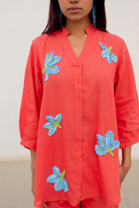 Silai Studio Red , Handloom Embroidery Sequin Floral Embellished Shirt With Pant Online at Aza Fashions Silai Studio_Red , Handloom Embroidery Sequin Floral Embellished Shirt With Pant_Online_at_Aza_Fashions
