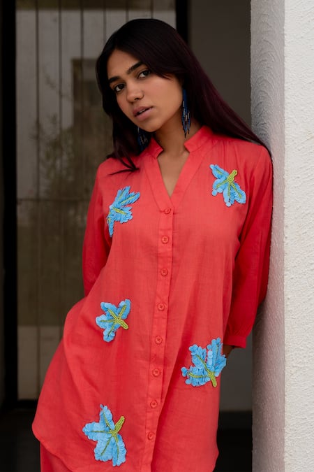 Buy Silai Studio Red , Handloom Embroidery Sequin Floral Embellished Shirt With Pant Online at Aza Fashions Buy_Silai Studio_Red , Handloom Embroidery Sequin Floral Embellished Shirt With Pant_Online_at_Aza_Fashions