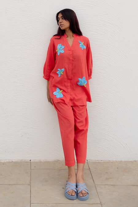 Shop Silai Studio Red , Handloom Embroidery Sequin Floral Embellished Shirt With Pant Online at Aza Fashions Shop_Silai Studio_Red , Handloom Embroidery Sequin Floral Embellished Shirt With Pant_Online_at_Aza_Fashions