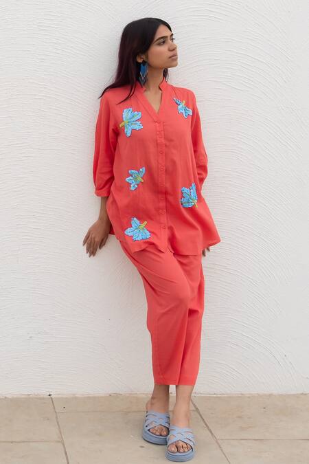 Silai Studio Red , Handloom Embroidery Sequin Floral Embellished Shirt With Pant at Aza Fashions Silai Studio_Red , Handloom Embroidery Sequin Floral Embellished Shirt With Pant_at_Aza_Fashions
