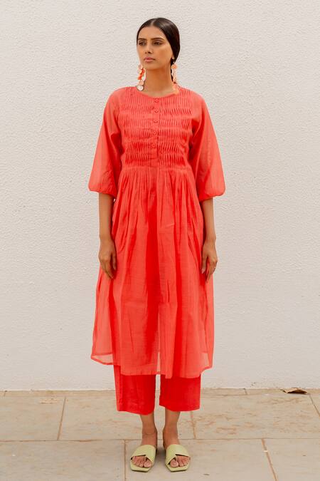 Shop_Silai Studio_Red Chanderi Round Neck Pleated Bodice Kurta With Pant_Online_at_Aza_Fashions