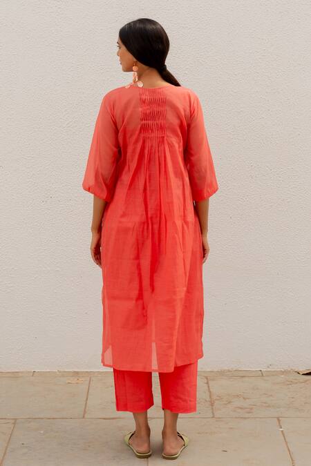 Shop_Silai Studio_Red Chanderi Embroidery Round Neck Pleated Bodice Kurta_at_Aza_Fashions