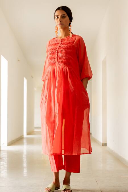Silai Studio_Red Chanderi Embroidery Round Neck Pleated Bodice Kurta_Online_at_Aza_Fashions