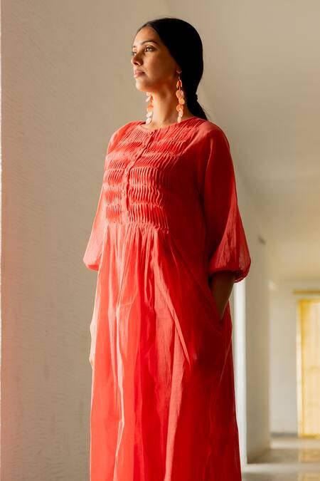 Shop_Silai Studio_Red Chanderi Embroidery Round Neck Pleated Bodice Kurta_Online_at_Aza_Fashions