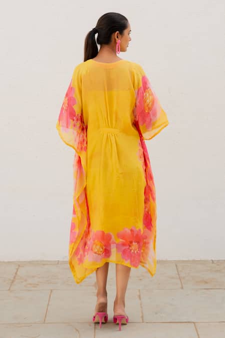Shop_Silai Studio_Yellow Chanderi Embroidery V-neck Floral Print Kaftan _at_Aza_Fashions