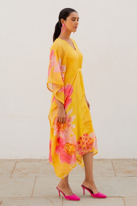 Silai Studio_Yellow Chanderi Embroidery V-neck Floral Print Kaftan _Online_at_Aza_Fashions