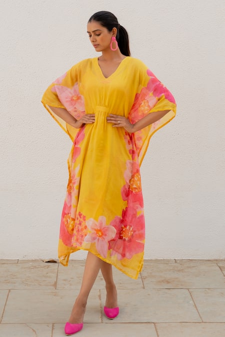 Buy_Silai Studio_Yellow Chanderi Embroidery V-neck Floral Print Kaftan _Online_at_Aza_Fashions