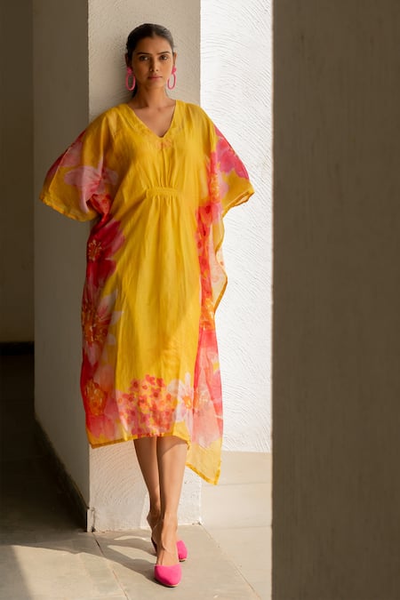 Shop_Silai Studio_Yellow Chanderi Embroidery V-neck Floral Print Kaftan _Online_at_Aza_Fashions