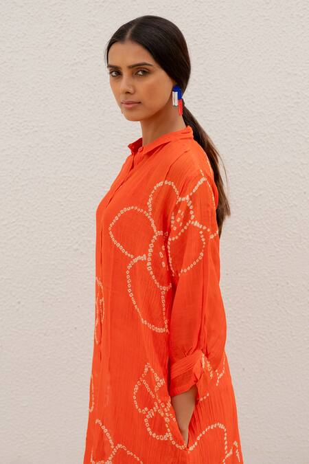 Buy Silai Studio Orange Chanderi Embroidery Bandhani Pattern Kurta Online at Aza Fashions Buy_Silai Studio_Orange Chanderi Embroidery Bandhani Pattern Kurta _Online_at_Aza_Fashions