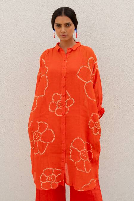 Shop Silai Studio Orange Chanderi Embroidery Bandhani Pattern Kurta Online at Aza Fashions Shop_Silai Studio_Orange Chanderi Embroidery Bandhani Pattern Kurta _Online_at_Aza_Fashions