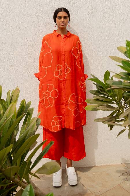 Silai Studio Orange Chanderi Embroidery Bandhani Pattern Kurta at Aza Fashions Silai Studio_Orange Chanderi Embroidery Bandhani Pattern Kurta _at_Aza_Fashions