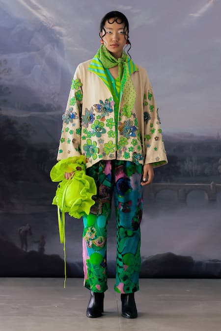 Yavi_Cream Canvas Sequins, Applique Collared Accord Floral Embroidered Jacket _at_Aza_Fashions