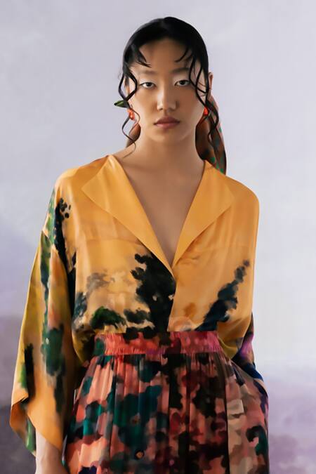 Yavi_Orange Collared Textured Printed Top _Online_at_Aza_Fashions