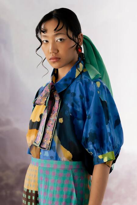 Yavi_Blue Cotton, Silk Collared Anigo Asymmetrical Shirt _Online_at_Aza_Fashions