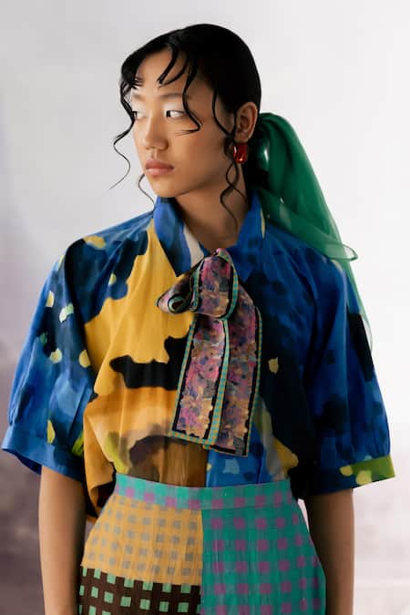 Buy_Yavi_Blue Cotton, Silk Collared Anigo Asymmetrical Shirt _Online_at_Aza_Fashions