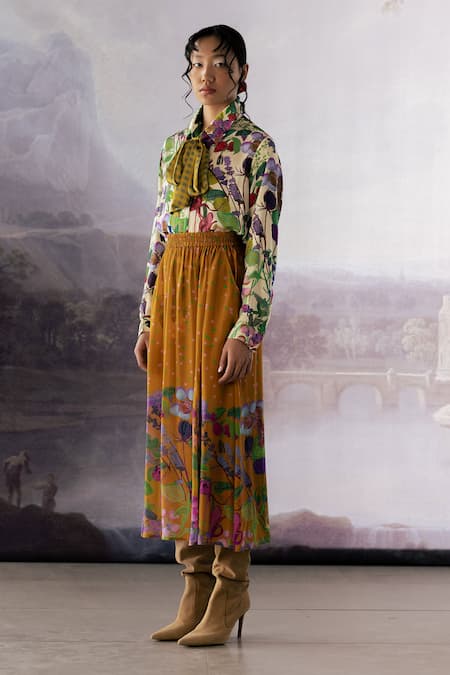 Shop_Yavi_Yellow Crepe Biba Flower Print Midi Skirt _at_Aza_Fashions