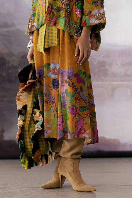 Yavi_Yellow Crepe Biba Flower Print Midi Skirt _Online_at_Aza_Fashions
