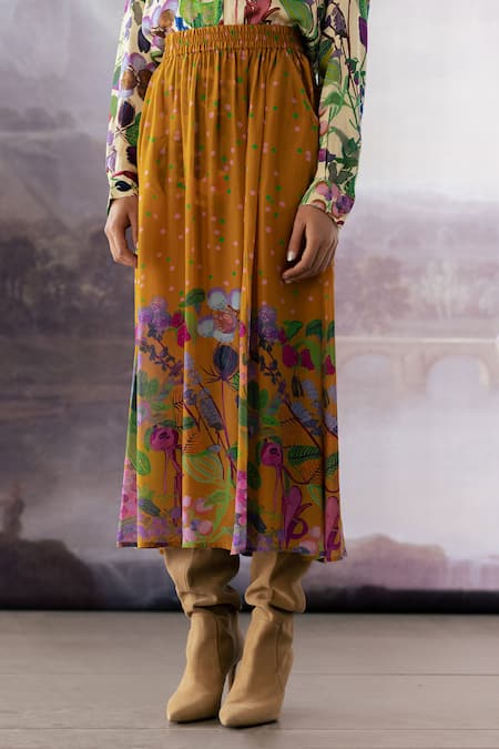 Buy_Yavi_Yellow Crepe Biba Flower Print Midi Skirt _Online_at_Aza_Fashions