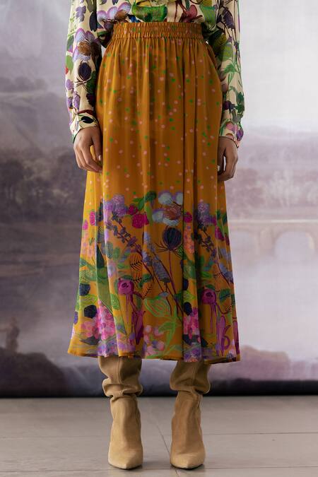 Shop_Yavi_Yellow Crepe Biba Flower Print Midi Skirt _Online_at_Aza_Fashions