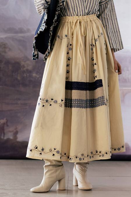 Yavi_Cream Cotton Embroidery Ceclia Lace Printed Midi Skirt _Online_at_Aza_Fashions