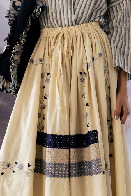 Buy_Yavi_Cream Cotton Embroidery Ceclia Lace Printed Midi Skirt _Online_at_Aza_Fashions