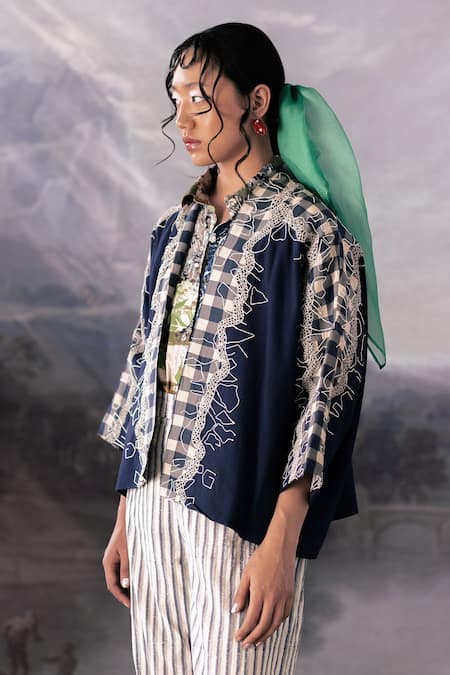 Yavi_Blue Handloom Cotton Embroidery Collared Cheril Patchwork Jacket _Online_at_Aza_Fashions