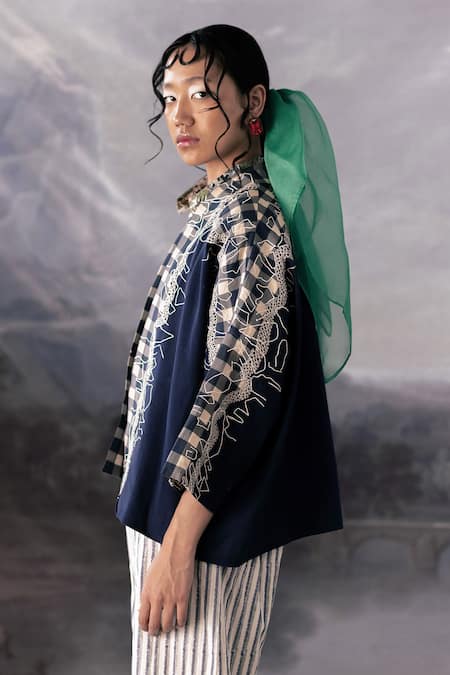 Buy_Yavi_Blue Handloom Cotton Embroidery Collared Cheril Patchwork Jacket _Online_at_Aza_Fashions