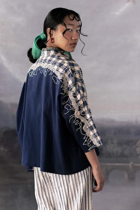 Shop_Yavi_Blue Handloom Cotton Embroidery Collared Cheril Patchwork Jacket _Online_at_Aza_Fashions