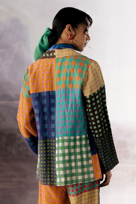 Shop_Yavi_Multi Color Linen Collared Cora Checkered Print Jacket _at_Aza_Fashions