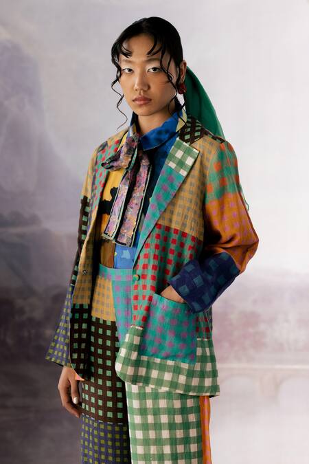 Yavi_Multi Color Linen Collared Cora Checkered Print Jacket _Online_at_Aza_Fashions