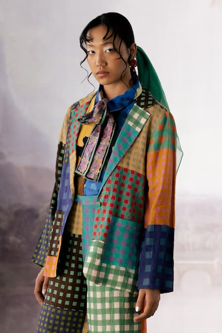 Buy_Yavi_Multi Color Linen Collared Cora Checkered Print Jacket _Online_at_Aza_Fashions