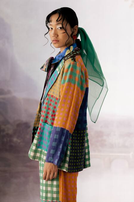 Shop_Yavi_Multi Color Linen Collared Cora Checkered Print Jacket _Online_at_Aza_Fashions