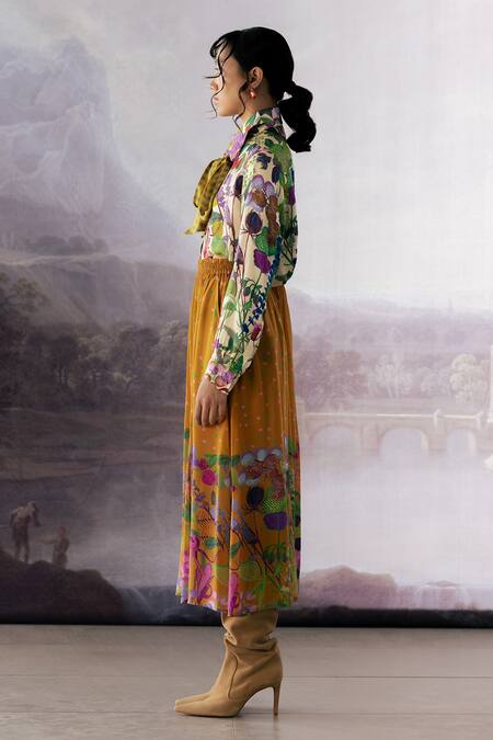 Yavi_Off White Silk Embroidery Collared Emma Abstract Floral Print Shirt _Online_at_Aza_Fashions