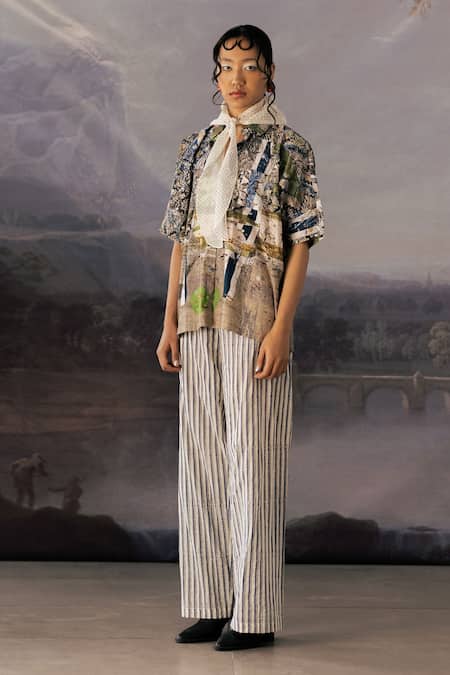 Yavi_Multi Color Cotton Collared Emma Impressionist Print Shirt _Online_at_Aza_Fashions