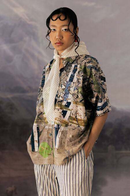 Buy_Yavi_Multi Color Cotton Collared Emma Impressionist Print Shirt _Online_at_Aza_Fashions