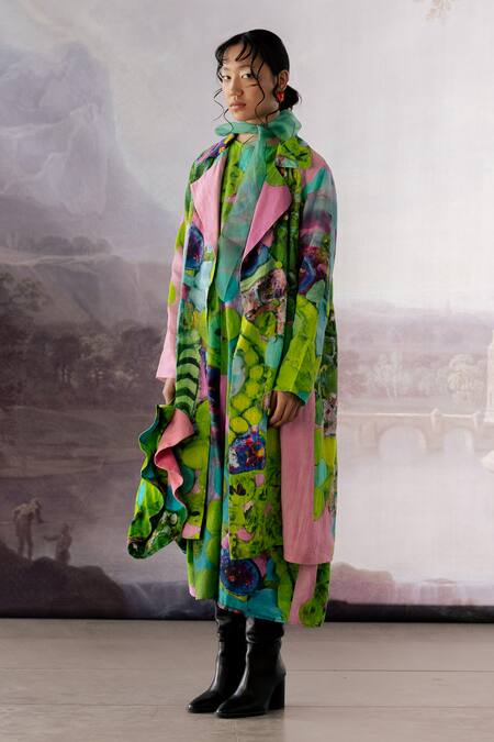 Yavi_Green Linen Collared Hersilia Floral Print Jacket _Online_at_Aza_Fashions