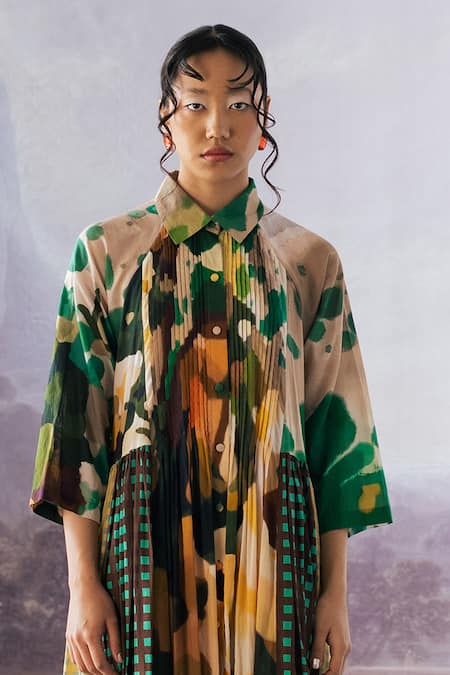 Yavi_Multi Color Cotton Collared Irca Abstract Print Dress _Online_at_Aza_Fashions