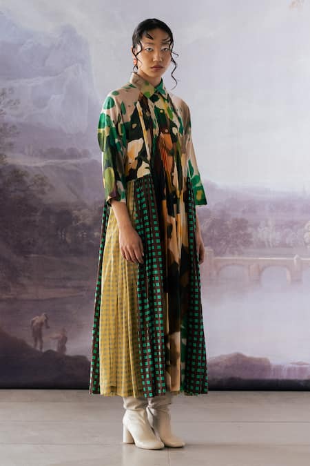 Yavi_Multi Color Cotton Collared Irca Abstract Print Dress _at_Aza_Fashions