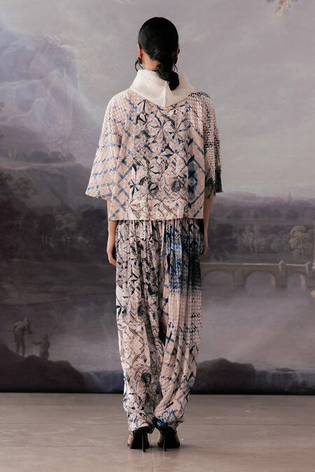 Shop_Yavi_Ivory Crepe Print Abstract Jacket Gathered Pant  _at_Aza_Fashions