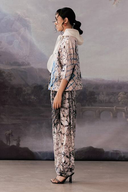 Yavi_Ivory Crepe Print Abstract Jacket Gathered Pant  _at_Aza_Fashions
