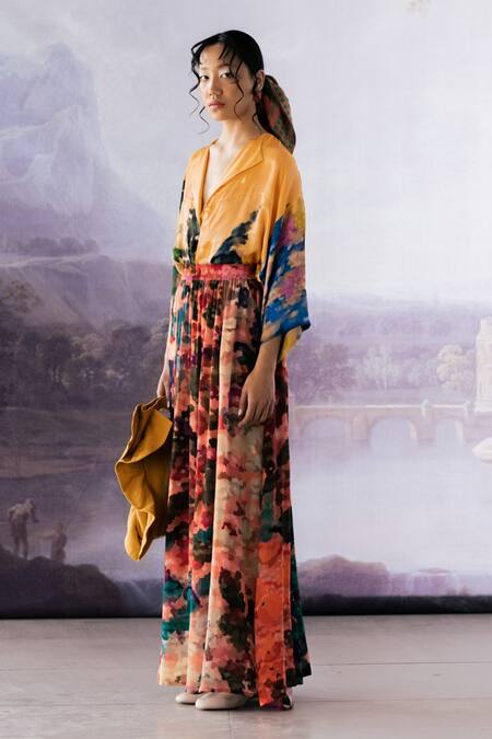 Yavi_Multi Color Crepe Jeremy Printed Skirt _at_Aza_Fashions